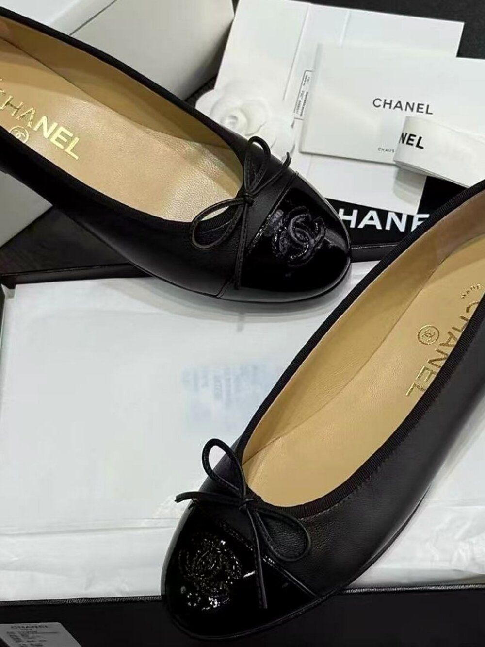 CHANEL Black Patent Cap Toe Ballet Flats